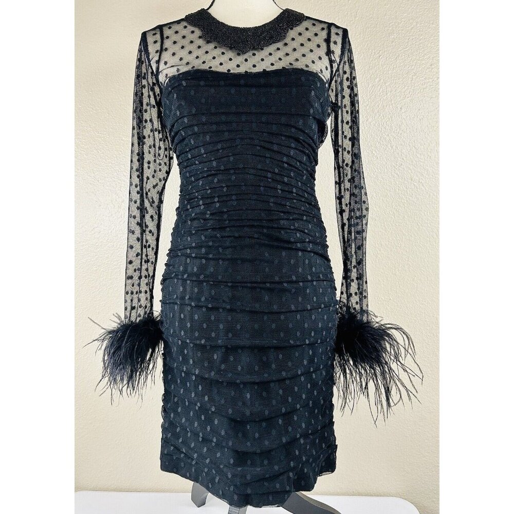 Teri Jon By Rickie Freeman Evening Cocktail Dress Black Lace Beaded Neck 4 NWT